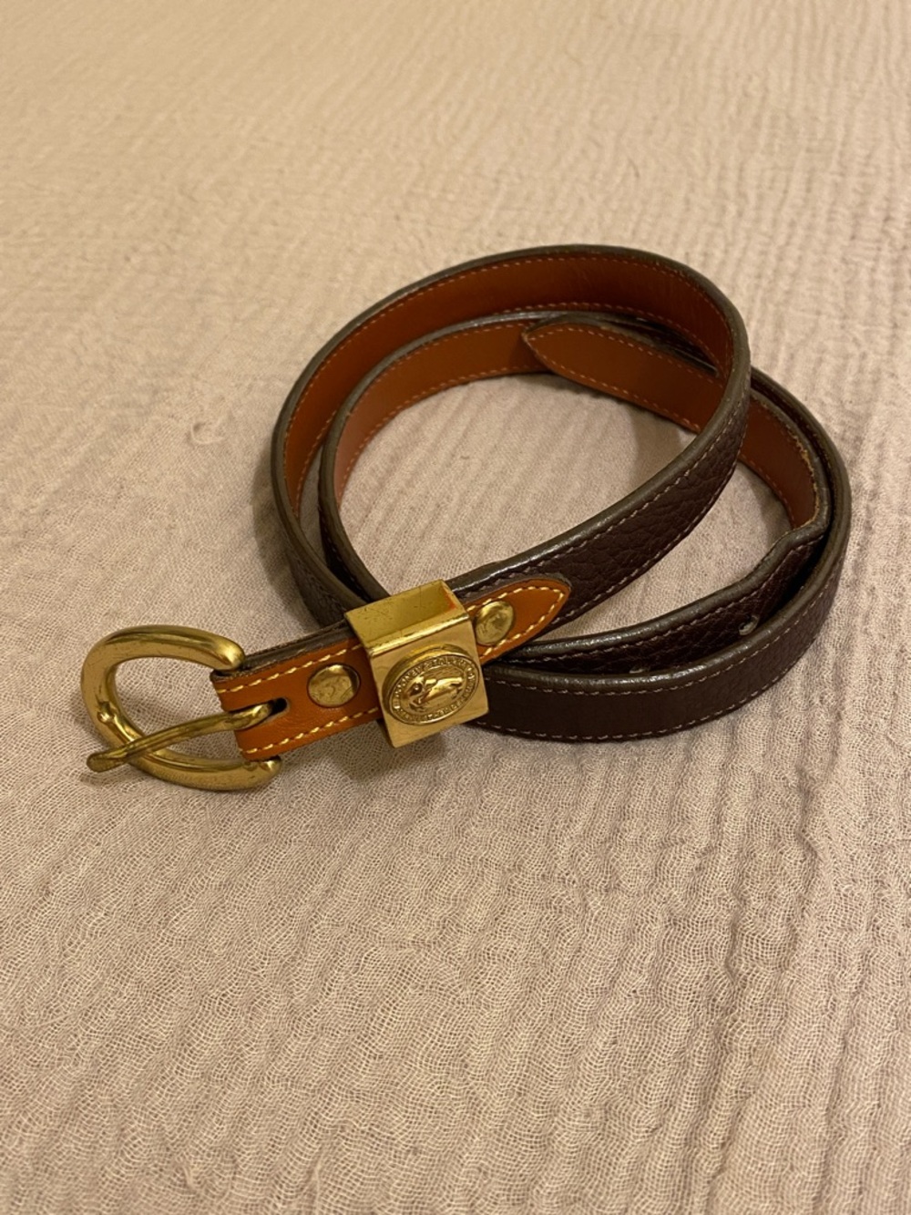 Dooney & Bourke Dark Brown Leather Belt with Gold Hardware. Size M